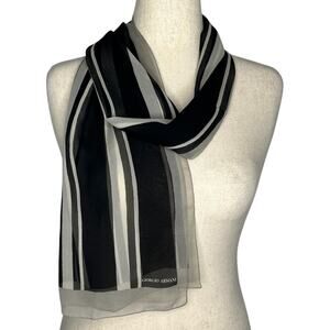 Giorgio Armani Scarf Black Gray Cream Chiffon Silk Stripes Designer Wrap 17x60